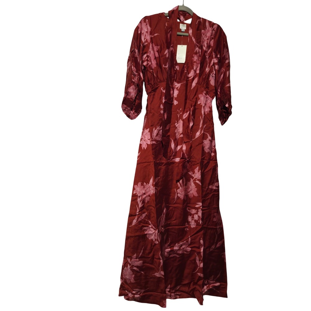 A New Day Red Floral Tie Neck Balloon Sleeve Maxi Dress Small NWT